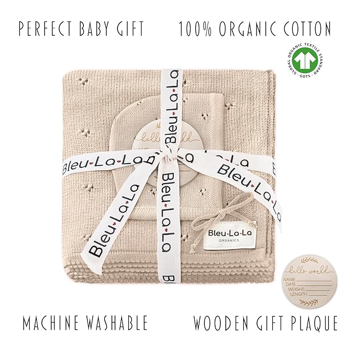 Bleu La La Baby Gift Set - Organic Cotton Newborn Blanket Essentials, Thoughtful Baby Shower & New Baby Gift for Boys & Girls (Pointelle - Oatmeal)