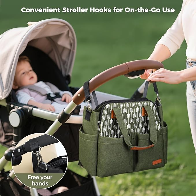 Lekebaby Diaper Bag Tote for Baby - 17 Pockets Large Travel Diaper Tote with Portable Changing Pad, Mom Crossbody Hospital Bag for Labor Delivery, Waterproof, Baby Essentials for Newborn Gifts, Green