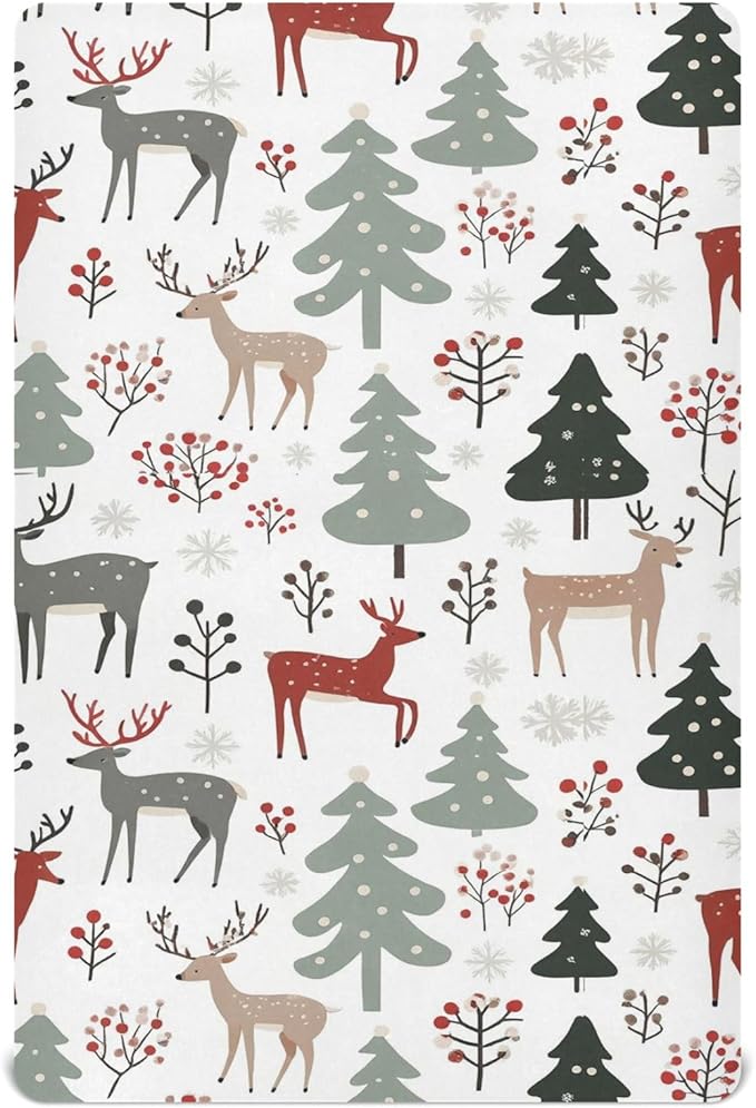 Pfrewn Christmas Crib Sheets for Boys Girls Trees Spruces Reindeer Fitted Crib Sheet for Mini Crib Mattress Stretch Soft Winter Pattern Toddler Baby Playard Sheet,39x27IN