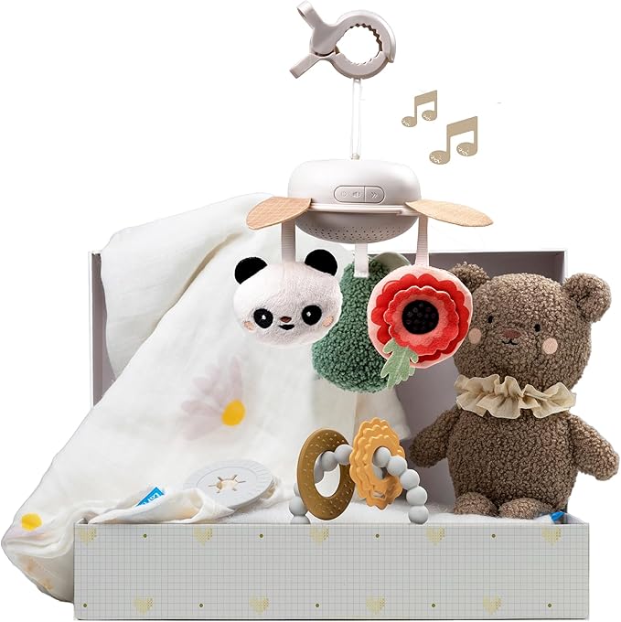 Taf Toys Baby Shower Gifts - Cotton Bamboo Swaddle, Take Along Musical Mobile, Bear snugle Toy & Silicon Teether Ring, Baby Gift Set, New Welcome Baby Gift, Newborn Baby Boy & Girl Gifts