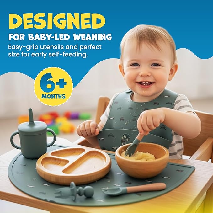 Bamboo & Silicone Baby Feeding Set 8 PCS | Baby Led Weaning Supplies Self Feeding | Divided Suction Plate Bowl Bib Sippy Cup with Straw Utensils Baby Bowls and Spoons Toddler Feeding Set (Pine Gray)