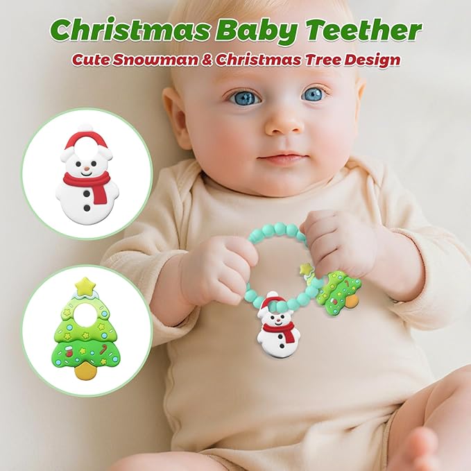 Christmas Baby Teething Toys, Snowman & Tree Silicone Teether for 3-12 Months, Textured Sensory Chewing Ring for Infants & Toddlers, Boo Basket Stuffer, Gift for Baby’s First Christmas