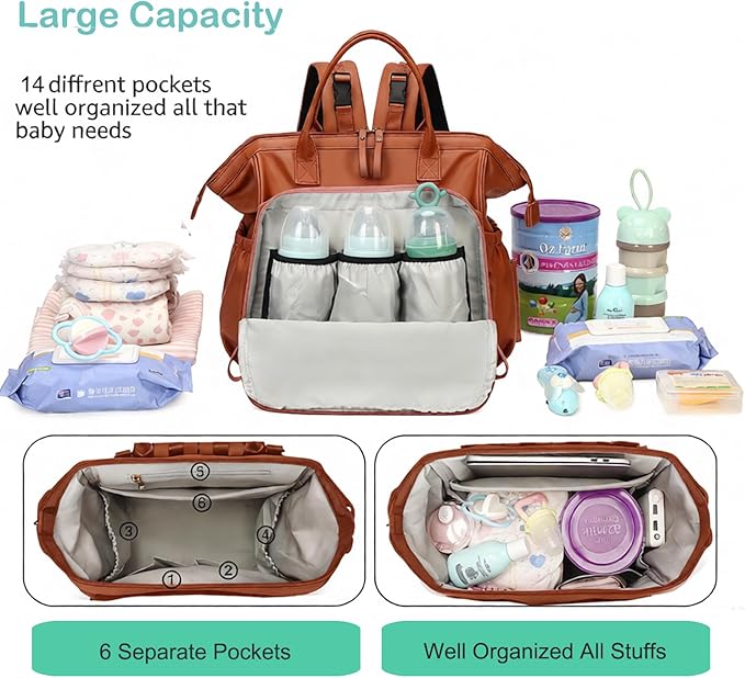 Large Diaper Bag Tote, 14 Pockets Stylish Baby Bag with Stroller Clips and 3 Insulated Pockets, Baby Shower Essentials