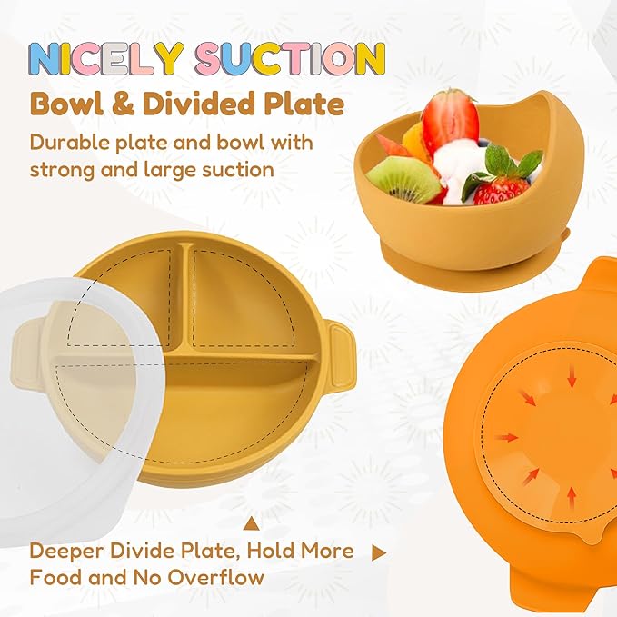 Joline Designs Silicone Baby Feeding Set - Perfect silicone plates for baby & Toddler Plates with lid, Baby Bowls with Suction, Baby Utensils - Baby Led Weaning Supplies & Eating Essential - (Yellow)
