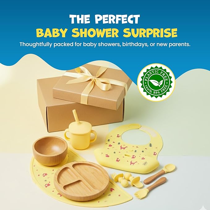 Bamboo & Silicone Baby Feeding Set 8 PCS | Baby Led Weaning Supplies Self Feeding | Divided Suction Plate Bowl Bib Sippy Cup with Straw Utensils Baby Bowls and Spoons Toddler Feeding Set (Yellow)