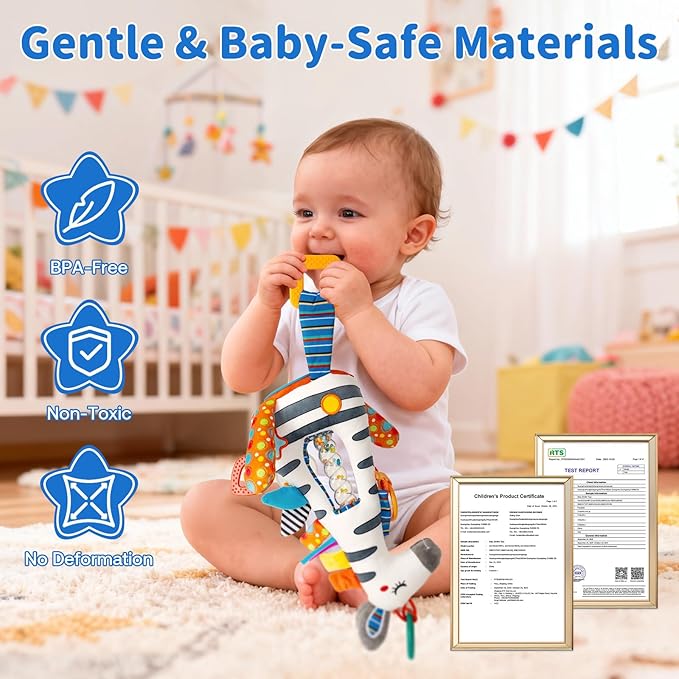 Baby Stroller Toy and Car Seat Toy for Infant with Teether Hanging Rattle Toys Clip on Stroller Toy Soft Plush Baby Toys for Boys and Girls 3-12 Months