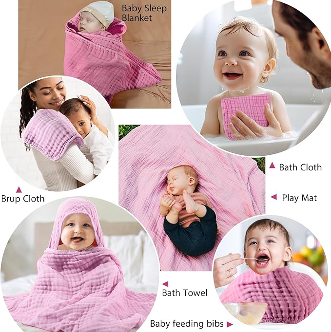 VitalCozy 6 Pcs Baby Muslin Hooded Bath Towels and Washcloths Muslin Cotton Hooded Baby Towels Absorbent Blankets for Gift Newborn Infant Shower (32 x 32 Inch,Rose Red,Pink)