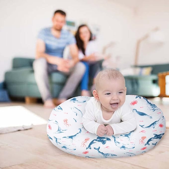 LAT Nursing Pillow for Breastfeeding,100% Cotton Removable Cover,Ergonomic Breast Feeding Pillows for Mom and Baby,Machine Washable (Ocean World)