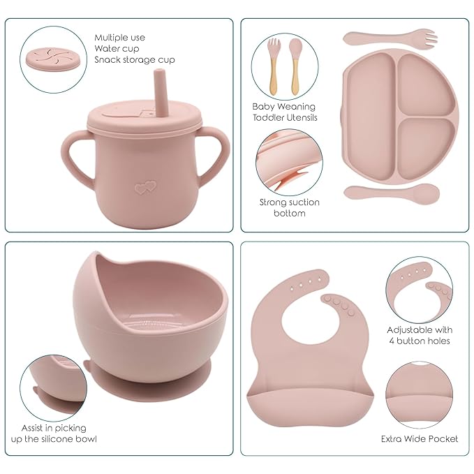Dormlony 100% Silicone Baby Feeding Set,BPA Free Baby Dishes Set with Suction Bowl Divided Plate,Toddler Self Feeding Dish Set with Spoons Forks Sippy Cup and Bib, Baby Eating Utensils (Pink)