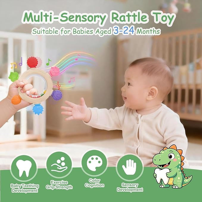 Baby Teething Ring Toys [Original] - Silicone Rattle Teethers for Babies, Dinosaur Baby Teether Chew Toys Teething Relief, Stuff Essentials and Gifts for Toddler Infant Boys Girls 3+ Months