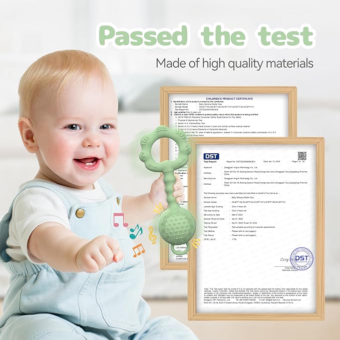 Teethers for Babies 6-12 Months, Baby Rattles 0-6 Months, 2-in-1 Rattle and Teether Toy for Soothing Sore Gums and Keeps Little Ones Entertained, Food Grade Silicone, Green