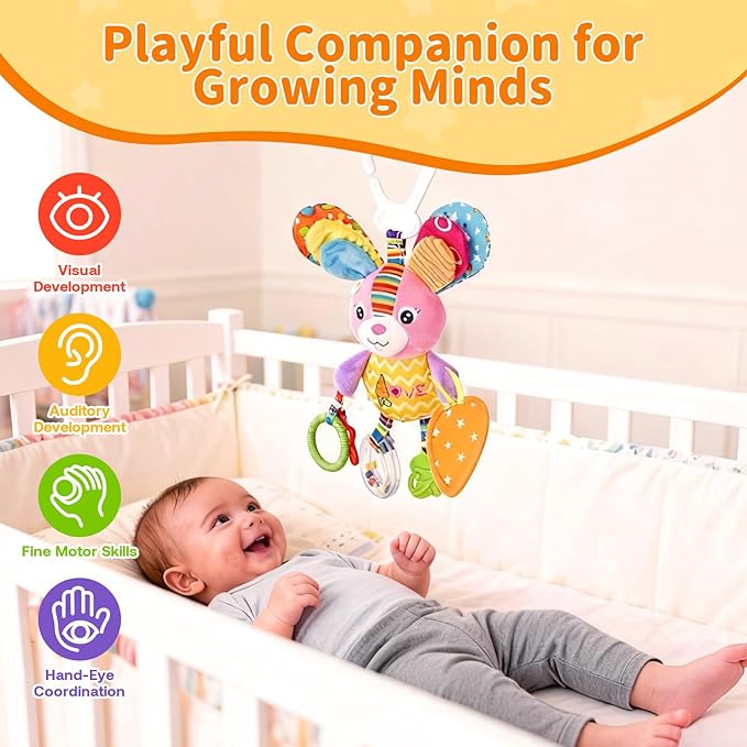 Baby Stroller Toy and Car Seat Toy for Infant with Teether Hanging Rattle Toys Clip on Stroller Toy Soft Plush Baby Toys for Boys and Girls 3-12 Months