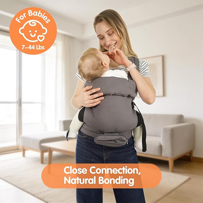 Baby Carrier, Baby Carrier Newborn to Toddler, Ergonomic, Cozy and Lightweight Infant Carrier for 7-44lbs, Toddler Carrier Ideal for Hands-Free Parenting with Zipper Pouch, Bottle Bag, Windproof Cover
