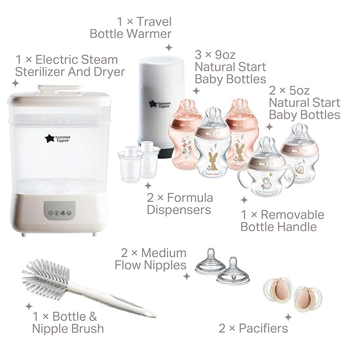 Tommee Tippee Electric Steam Sterilizer and Dryer & Natural Start 14 Piece Baby Bottle, Travel Bottle Warmer & Pacifier Set with Extra Nipples, 2 Formula Dispensers & Bottle Brush, Pink & Clear