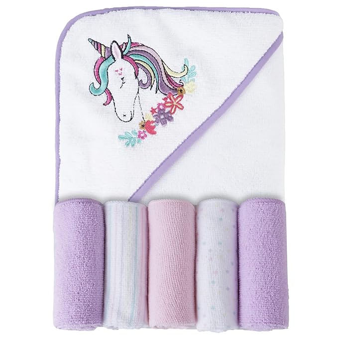 Viviland Baby Towels and Washcloths, Soft Absorbent Purple Baby Bath Towel Set, Unicorn Hooded Towels with 5 Infant Face Washcloths (6 Pieces)
