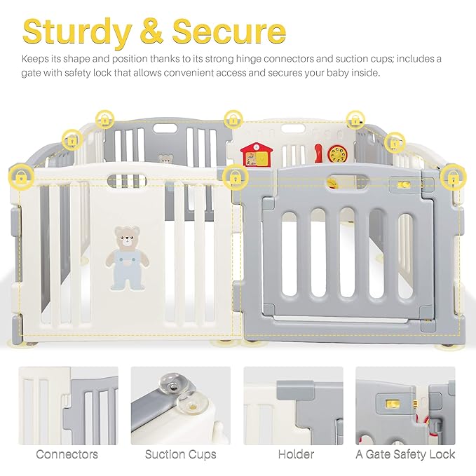 Kidzone Grey - White Baby Interactive Playpen 8 Panel Safety Gate Children Play Center Child Activity Pen ASTM Certified