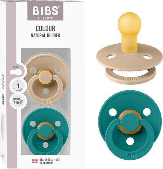 Bibs Pacifiers Color Collection, Set of 2 BPA-Free Latex Pacifiers Made in Europe, Round Nipple Baby Pacifier.