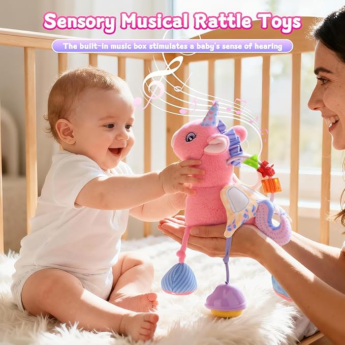 MPQMPQ Baby Toys 0-6 Months Sensory Tummy Time Toys Music Rattle for Newborn Infant 0 3 6 9 12 Months Hanging Car Seat Toys with Pull String,Plush,Mirror Baby Boys and Girls Shower Gifts