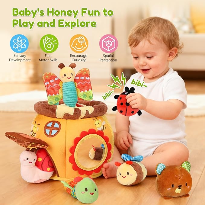 Baby Toys 6-12 Months, Surprise Honey Pot with Sensory Stuffed Animals, Rattle, Crinkle, Mirror, Montessori Toys for Baby Toys 1 Year Old, Infant Toys Christmas Gifts Stocking Stuffers Birthday