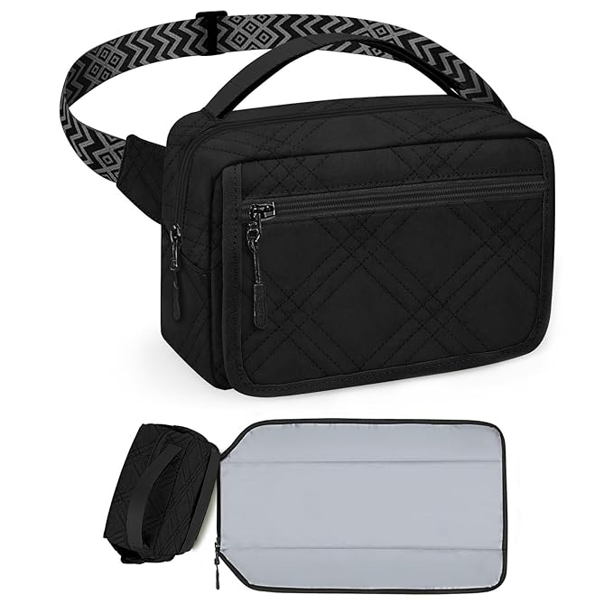 Small Diaper Bag with Portable Changing Pad, Mini Crossbody Diaper FannyPack with Wipes Pocket, Women Waist Bag for Travel (Quilted Black, Large)