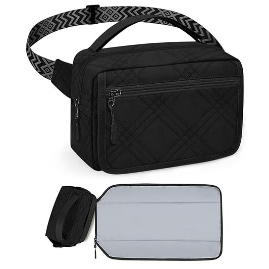 Small Diaper Bag with Portable Changing Pad, Mini Crossbody Diaper FannyPack with Wipes Pocket, Women Waist Bag for Travel (Quilted Black, Large)