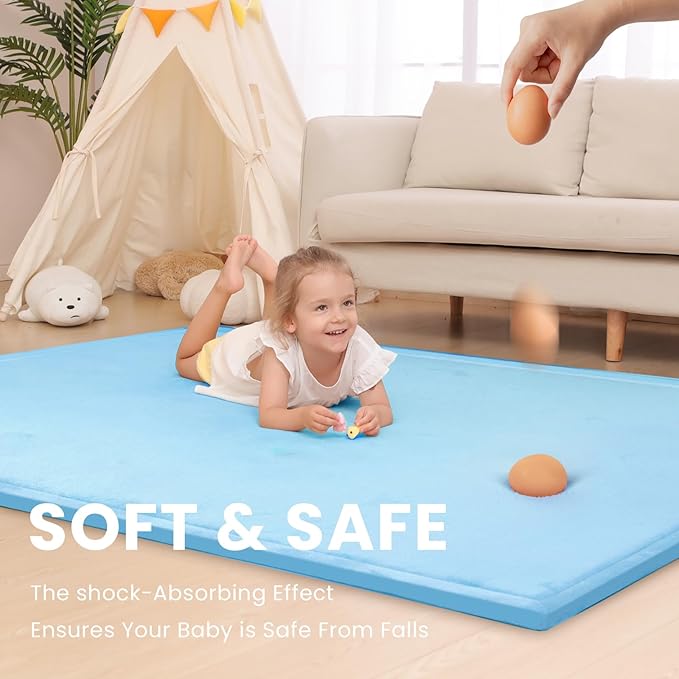 Baby Play Mat for Floor,1.3" Thick Memory foam Tummy Time Mat,Soft Coral Velvet Nursery Rug for Toddlers,Infants,kids,Extra Large Non Slip for Crawling,Tatami Style(Light Blue)