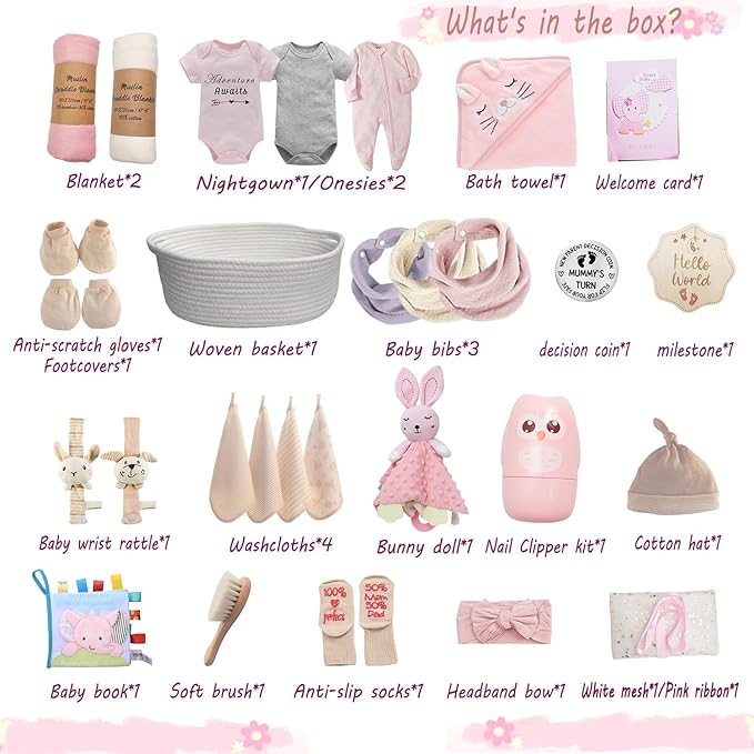 27-Piece Baby Girl Shower Gift Basket Set - Newborn Essentials, Large Pink Gift Basket With Rattle, Swaddle, Diaper Caddy Organizer