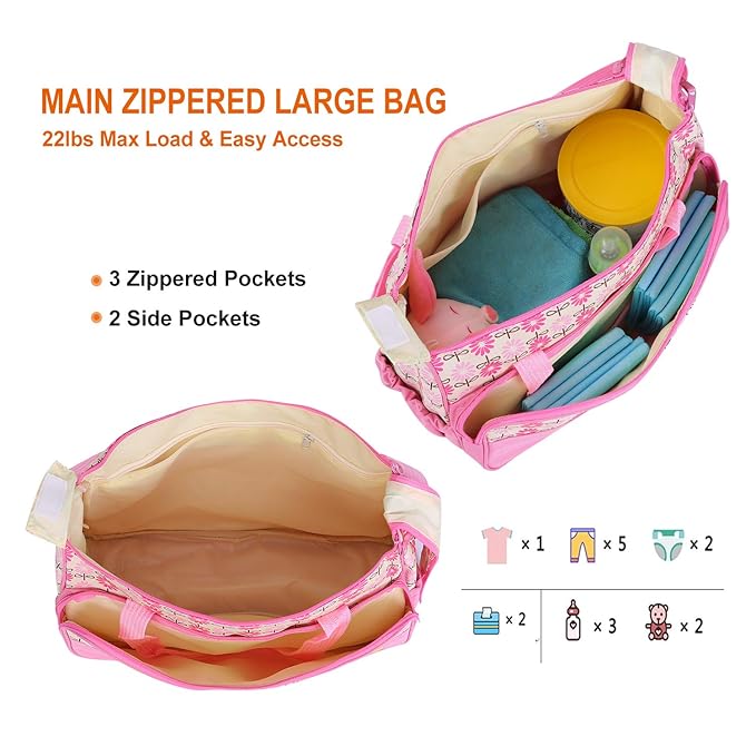 Moclever 5PCS Diaper Bag Tote Set for Baby Essentials – Large Baby Bags for Mom, Waterproof Maternity Bags with Bottle Bag, Food Bag & Changing Pad (Pink)