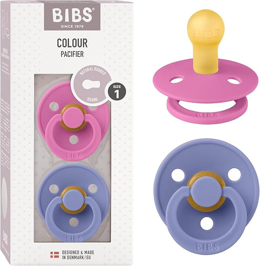 Bibs Pacifiers Color Collection, Set of 2 BPA-Free Latex Pacifiers Made in Europe, Round Nipple Baby Pacifier.