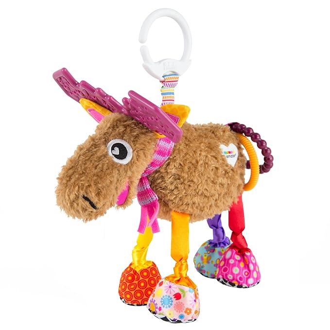 Lamaze Clip On Car Seat and Stroller Toy - Muffin the Moose - Crinkle Sensory Toys for Babies on the Go - High Contrast Travel Toys for Infants - Ages 0 Months and Up