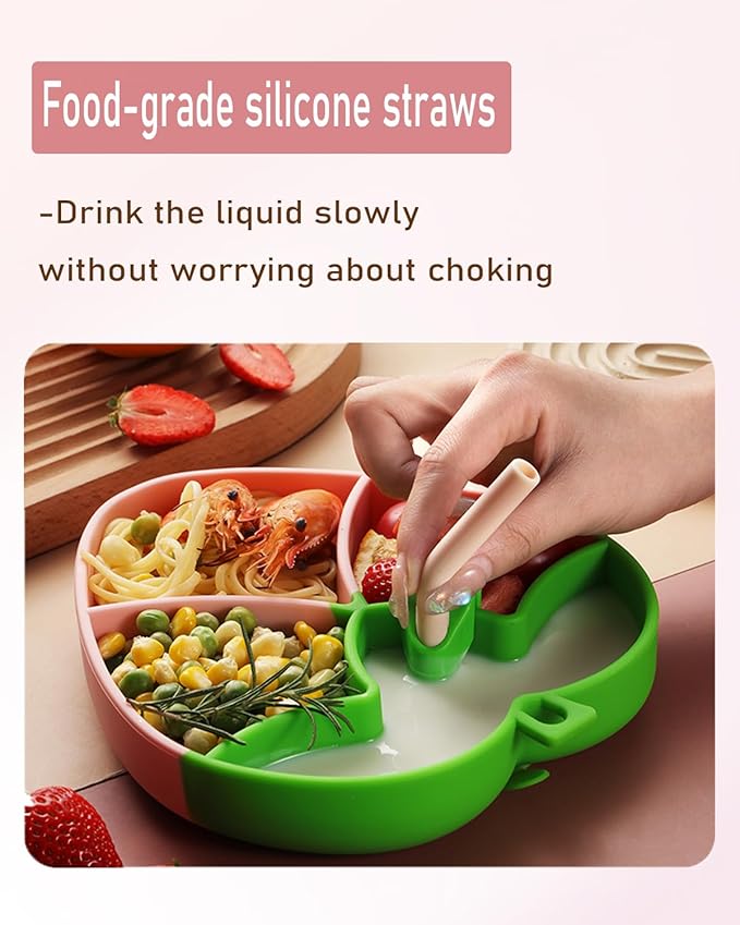 Ecrekhom Silicone Baby Feeding Set (5-Piece), Essential for Baby Food, Strawberry-Shaped Baby Plate, Food-Grade Silicone Material, Heat-Resistant, Red