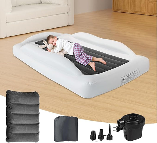 Inflatable Toddler Travel Bed - 61 Inches With Pillow Portable Toddler Bed for Travel with Safety Sides - Cozy Kids Air Mattress Set with Built-in Electric Pump & Carry Case- Easy to Inflate - Grey