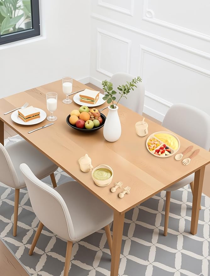 JELLDJK Silicone Baby Feeding Set 9 Pcs, Spill-Proof Suction Plate, Bowl, Bib, Silicone spoon&forks, Wooden Spoons&forks, Training cup with straw and Sippy Cup, Baby Eating Utensils (Beige)