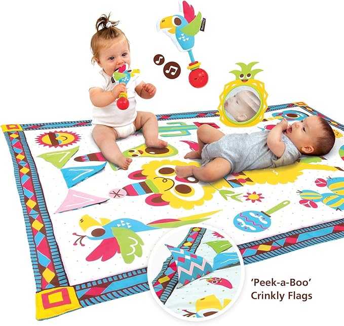 Yookidoo Fiesta Playmat. Folds As Carrying Bag. Indoor & Outdoor Activity Play Blanket with Mirror, Rattle & Teether. Extra Large Washable for Newborn (145 X 100cm)