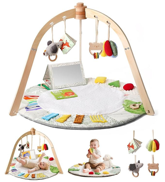 Macabaka Wooden Baby Play Gym & Tummy Time Playmat – Montessori Sensory Activity Mat with 6 Developmental Toys for Fine Motor Skills – for Newborns to Toddlers (0–12M+)