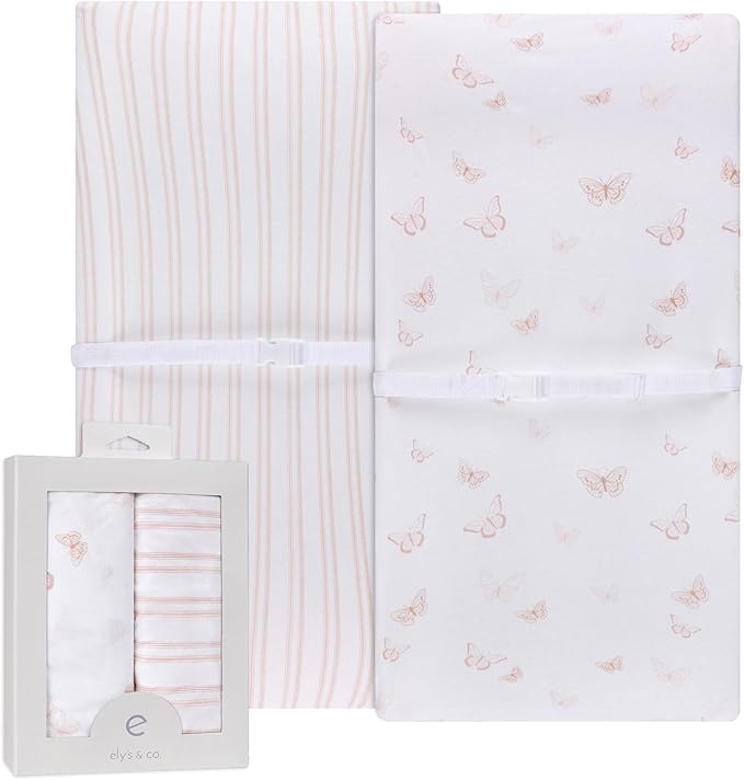 Ely’s & Co. Changing Pad Cover, Diaper Changing Table Sheets, 2 Pack, Cradle Sheet Set for Baby Girls, 100% Jersey Knit Cotton, 32”x16”x5” Pink Butterfly + Stripe Collection