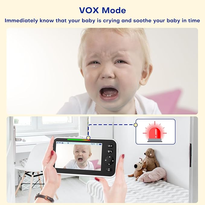 Baby Monitor with Camera and Audio, 5'' Screen Baby Monitors No WiFi, 30-Hour Battery, Remote Pan-Tilt-Zoom Video Baby Monitor, Night Vision,VOX,2-Way Talk, Temperature, 8 Lullabies and 1000ft Range