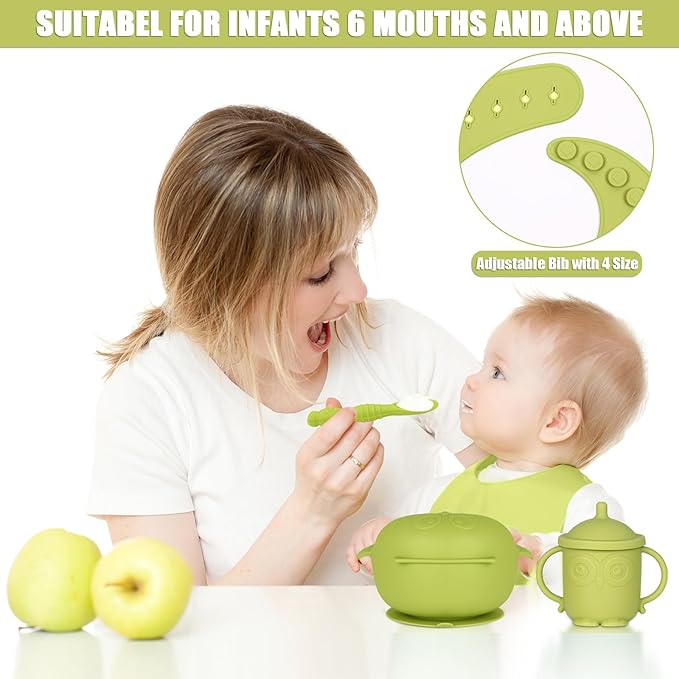 Silicone Baby Feeding Set 13 Piece, Baby Led Weaning Feeding Supplies, Strong Suction Bowl & Suction Plate, Adjustable Bibs, 4-in-1 Cup, Spoon, Food-grade Silicone (Green with white)
