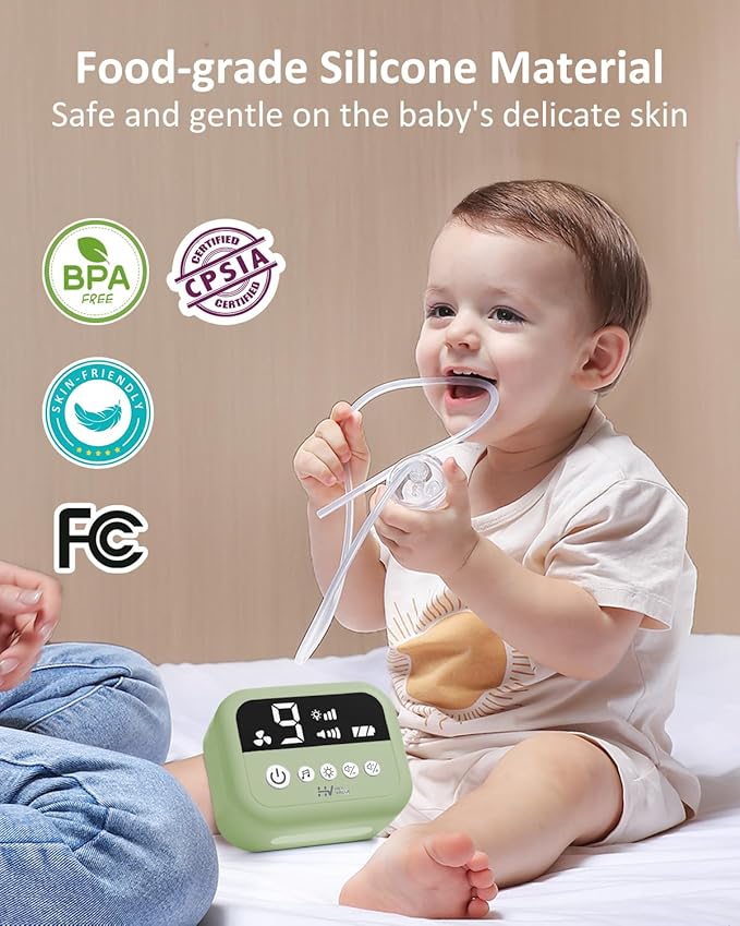 HEYVALUE Nasal Aspirator for Baby, Hospital Grade Nose Sucker with 9 Levels Suction, Night Light and Nursery Rhyme Soothing, Electric Nose Suction for Baby with Food-Grade Silicone Tips Green