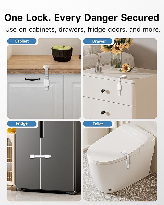 Infinno 12 Pack Cabinet Locks Baby Proofing Heavy Duty - Child Safety Cabinet Locks for Drawers, Cupboards & Fridge – No Drill 3M Adhesive Locks for Pets - Toddler Safety Latches