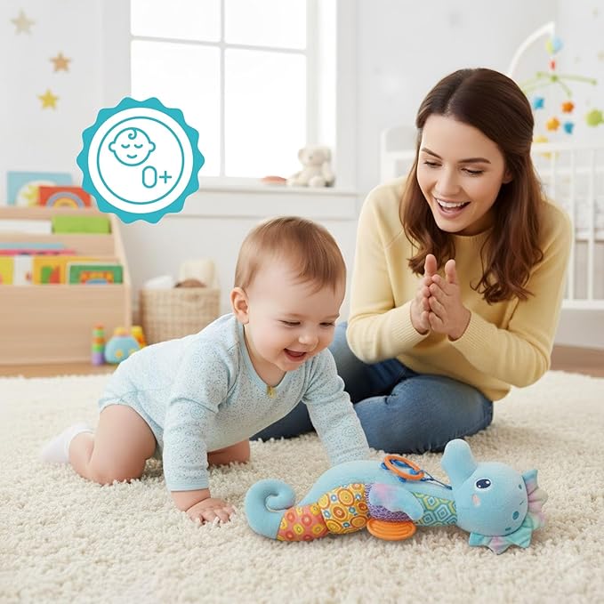 Baby Toys 0-6 Months,Infant Musical Seahorse Stuffed Animals Sensory Toys with Bright Colors,Multiple Textures,Rattles & Crinkle Sound Paper,Soft Tummy Time Toy for Newborn Boys Girls 0-12 Months-Blue