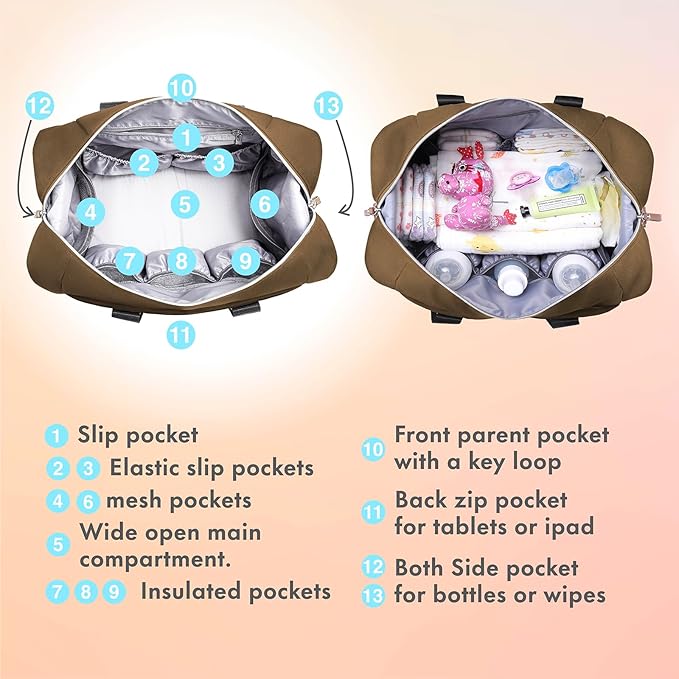 Dikaslon Diaper Bag Tote, Large Travel diaper tote for Mom and Dad, Multifunction baby tote bag for Boys and Girls with Pacifier Case and Changing Pad, Khaki