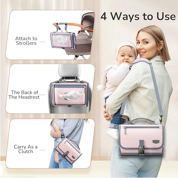 Portable Diaper Changing Pad for Baby, Detachable Travel Changing Pad with Baby Wipes Pocket, Gifts for Baby Shower, Newborn Girls and Boys (Light Pink)