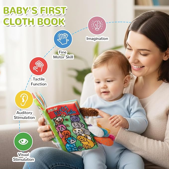 HECCEI Baby Cloth Books Soft Baby Book 0-6 Months Crinkle Books with Kitten Tails Touch and Feel Sensory Toys for Infant Tummy Time for 3 Months+ Easter Basket Stuffers