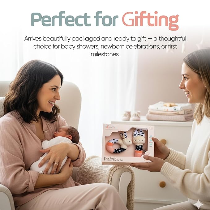 Bella Bunny Sensory Rattle Set – High Contrast Baby Toys for Newborns (0–6 Months), Soft Plush Bunny Rattle & Squeaker Gift Set for Tummy Time, Montessori & Soft Play Development