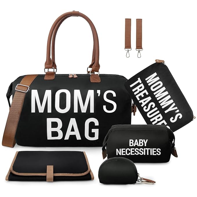 printe 6pcs Large Diaper Bag Tote with Changing Pad & 2 Organized Pouches, Mom's Bag for Hospital with Pacifier Case, Straps, Stroller Hook, Baby Diaper Bag for Weekender Travel