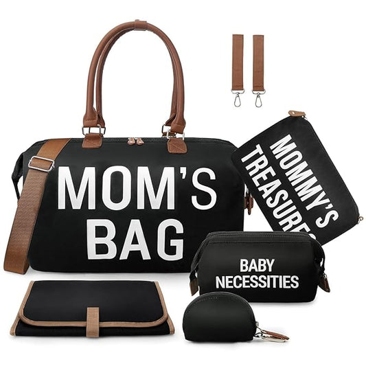 printe 6pcs Large Diaper Bag Tote with Changing Pad & 2 Organized Pouches, Mom's Bag for Hospital with Pacifier Case, Straps, Stroller Hook, Baby Diaper Bag for Weekender Travel