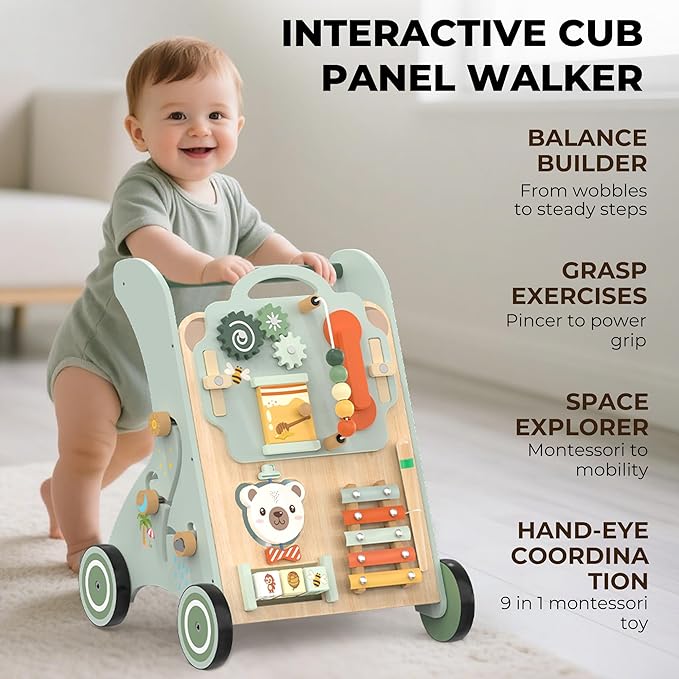 WOODMAM Wooden Baby Walker, Adjustable Speed Baby Push Walker for 1 Year Old, 10-in-1 Montessori Walker for Boys & Girls, Toddler Sit-to-Stand Learning Toy with Detachable Busy Board