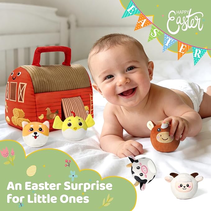 Farm Animal Toys for 1 2 3 4 5 Year Old Toddlers – Plush Farm House Playset with Barn, 6 Soft Farm Animals & Large Play Mat – Farm Toys for Toddlers 1–3