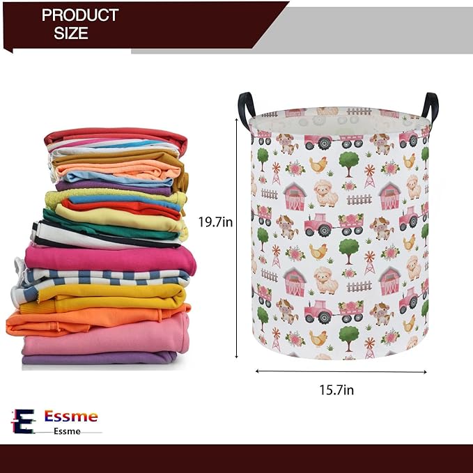 Essme Kids Laundry Basket,Farm Hamper Collapsible Canvas Waterproof Storage Bin for Girls, Pink Hamper,Gift Baskets(Pink Farm)